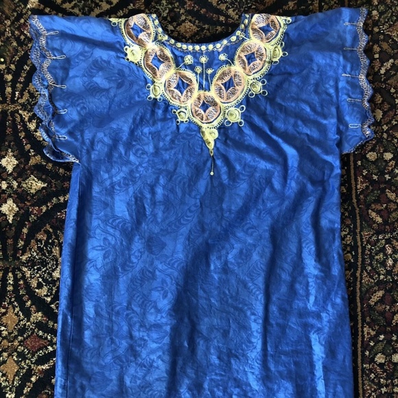 Mumu Oversized House Dress Kimono Tunic Embroidered Blue Yellow Peach - Picture 7 of 7